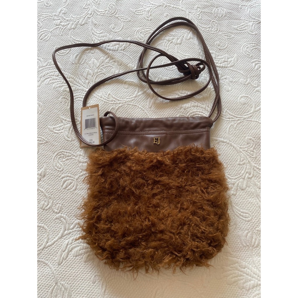 Eric Javits Lil BBA Drawstring Cognac Brown Furry Crossbody Bag EJ Logo s8a